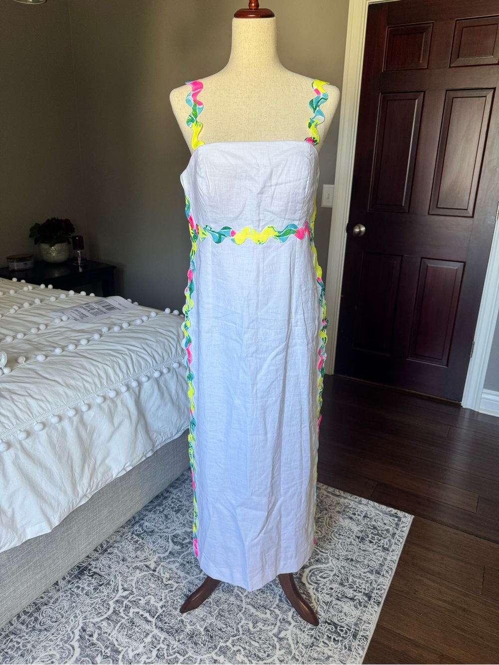 Lilly Pulitzer White Maxi Dress with Neon Pink, Yellow & Green Trim